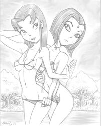 2girls dc_comics female female_only fluffy_(artist) monochrome multiple_girls rachel_roth raven_(dc) sketch starfire straight_hair teen_titans