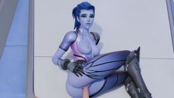 1boy1girl clothing colored_skin exposed_breasts gloves missionary missionary_position overwatch overwatch_2 pov sex sideways straight_sex tight_clothing virtual_reality vr widowmaker