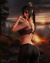 1girls 3d 3d_(artwork) baldur's_gate_3 bangs black_hair bra braid campfire darkenden dungeons_and_dragons elf evening female long_hair looking_at_viewer looking_back outdoors round_ass shadowheart smile solo standing wizards_of_the_coast