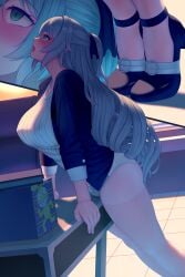 absurdres akano_murasaki blue_jacket blush breasts bronya_zaychik bronya_zaychik_(silverwing:_n-ex) commentary_request crotch_rub female female_masturbation grey_hair highres honkai_(series) honkai_impact_3rd indoors jacket large_breasts long_hair long_sleeves masturbation masturbation_through_clothes multiple_views open_clothes open_jacket open_mouth paid_reward_available panties panties_under_pantyhose pantyhose pussy_juice pussy_juice_trail rolling_eyes shirt shoes standing table table_humping tiptoes tongue tongue_out underwear white_panties white_shirt