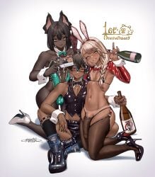 3boys absurdres animal_ears anniversary bikini bottle bow bowtie bulge commentary covered_penis crossdressing dark-skinned_femboy dark-skinned_male dark_skin detached_collar english_commentary fake_animal_ears high_heels highres huge_cock male_playboy_bunny meme_attire micro_bikini mixed-language_commentary multiple_boys original otoko_no_ko penis playboy_bunny rabbit_ears reverse_bunnysuit reverse_outfit rokuzukeita swimsuit tan thighhighs very_dark_skin wine_bottle