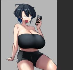 30th_video_rentals ahoge antenna_hair big_breasts black_bra black_hair black_shorts bra breasts breasts_bigger_than_head breasts_focus cleavage colored confused confused_look holding_object holding_phone huge_boobs huge_breasts indie_virtual_youtuber kataochi_chuuko kataoti_30 large_boobs large_breasts mob_face nakako_kataochi phone sanpaku short_hair shorts smartphone sweatdrop thick_thighs upper_body virtual_youtuber vtuber