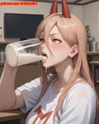 1girls ai_generated anime_girl artifical_art blonde_hair blush chainsaw_man cum cum_drinking cum_in_mouth demon_girl demon_horns dripping_cum dripping_semen hair_between_eyes horns light-skinned_female long_hair open_mouth orange_eyes power_(chainsaw_man) red_horns semen semen_in_mouth sharp_teeth solo