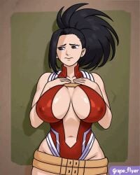 1girls animated big_breasts black_hair boku_no_hero_academia breasts clothing grape_flyer grapeflyer long_hair momo_yaoyorozu my_hero_academia softygear