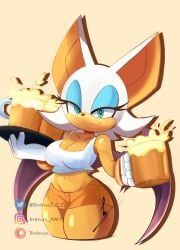 2d 2d_(artwork) 2d_artwork bat_ears bat_wings beer belly_button big_ass big_breasts big_breasts black_nose blue_eyes blue_eyeshadow branuzzz closed_smile eyelashes gloves half-closed_eyes hooters_uniform orange_shorts rouge_the_bat sega sonic_(series) sonic_the_hedgehog_(series) thick_ass thick_hips thick_legs thick_thighs thighhighs waitress white_fur white_shirt