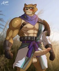 abs absurd_res alkan anthro balls big_pecs bodily_fluids brown_body brown_fur clothed clothing epic_games erection fortnite fur genital_fluids genitals hajime_(fortnite) hi_res humanoid_genitalia humanoid_penis male mammal multicolored_body multicolored_fur muscular muscular_anthro muscular_male nipples no_underwear open_nipple_clothing pecs penis precum procyonid raccoon scar solo topless topless_anthro topless_male two_tone_body two_tone_fur white_eyes