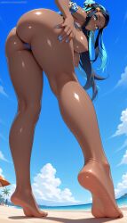 1girls ai_generated beach blue_eyes blue_nails feet from_below gym_leader hi_res large_ass large_breasts myrioku nail_polish nessa_(pokemon) nipples patreon_username pokemon pokemon_ss soles solo