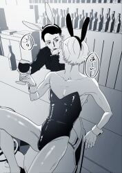 2boys aged_up alternate_costume bar bulge bunny_ears bunnysuit crossdressing femboy gegege_no_kitarou getakichi hair_over_one_eye kitarou kitarou_tanjou_gegege_no_nazo male male_only male_playboy_bunny mizuki_(gegege_no_kitarou) skinny tokume_mumei wine wine_glass wrist_cuffs