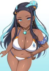 1girl bikini black_hair blue_background blue_hair breasts cleavage closed_mouth dark-skinned_female dark_skin female gradient_background large_breasts looking_at_viewer multicolored_hair nessa_(pokemon) pokemon pokemon_swsh signature smile solo surippa1010 swimsuit two-tone_hair white_bikini