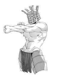 abs armor dark_souls fromsoftware helmet knight knight_lautrec_of_carim lieggwhite male male_only masked masked_male monochrome muscular muscular_male pecs solo stretching topless topless_male