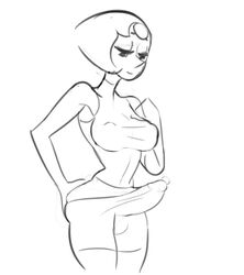 1futa balls breasts bulge cartoon_network clothed futa_only futanari gem_(species) hand_on_hip highres intersex large_breasts looking_down mijora monochrome nipple_bulge pearl_(steven_universe) penis penis_under_clothes precum short_hair shorts sketch smile solo solo_futa standing steven_universe tight_clothes white_background