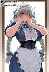 1girl :> ai_generated alternate_costume apron artist_name black_corset blue_bow blue_dress blue_ribbon blush bow braid breasts closed_mouth clothing corset cowboy_shot curvy dress female frilled_apron frills grey_eyes grey_hair hair_bow hair_ribbon hands_on_own_cheeks hands_on_own_face headdress headwear izayoi_sakuya jennieart02 large_breasts long_hair looking_at_viewer maid maid_apron maid_headdress muscular muscular_female patreon patreon_logo patreon_username puffy_short_sleeves puffy_sleeves ribbon see-through short_sleeves smile solo sweat twin_braids twitter twitter_logo twitter_username uniform waist_apron watermark web_address wet wet_clothes white_apron