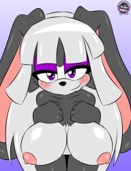 absurd_res anthro areola big_breasts black_body black_fur black_nose breasts fan_character female fur hair hi_res lagomorph lau_the_rabbit leporid long_ears long_hair looking_at_viewer looking_pleasured mammal nipples presenting presenting_breasts presenting_nipples purple_eyes rabbit rabbit_ears sega sirjzau smile smiling_at_viewer solo sonic_(series) sonic_the_hedgehog_(series) white_hair