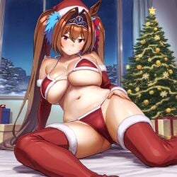 ai_generated animal_ears breasts cosplay daiwa_scarlet_(umamusume) female hips horse_girl looking_at_viewer pussy red_eyes ribbon_in_hair santa_costume spread_legs tiara twintails umamusume umamusume_pretty_derby