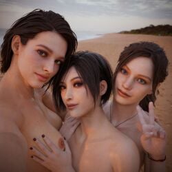 3d 3girls ada_wong ada_wong_(adriana) arousaxion beach black_hair breast_grab breasts brown_hair capcom claire_redfield claire_redfield_(jordan_mcewen) jill_valentine jill_valentine_(sasha_zotova) light-skinned_female light_skin long_hair looking_at_viewer nail_polish naked naked_female necklace nipples nude nude_female ponytail resident_evil sand selfie short_hair smiling smiling_at_viewer v_sign yuri