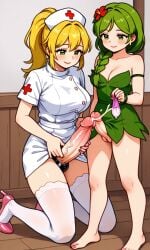 2futas 2girls big_breasts bikini dryad_(terraria) fapping green_hair naked nurse nurse_(terraria) nurse_cap nurse_uniform plant purple_eyes smile terraria