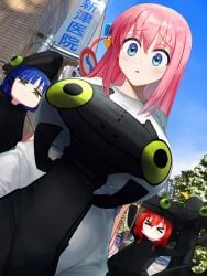 big_breasts blue_eyes blue_hair bocchi_the_rock! breast_envy dancing gotou_hitori green_eyes how_to_train_your_dragon inkspirate kita_ikuyo meme meme_clothing meme_reference pink_hair red_hair stretched_clothing tight_clothing tits_bigger_than_head yamada_ryou