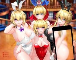 4girls artoria_pendragon_(lancer) blonde_hair blonde_hair_female blue_archive bunny_girl bunnysuit d.d.g evelyn_chevalier fate/grand_order fate_(series) large_breasts long_hair looking_at_viewer phoebe_(wuthering_waves) phone_camera pov short_hair smile toki_(blue_archive) wuthering_waves zenless_zone_zero