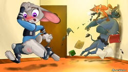 animal_genitalia animal_penis anthro blush bovine buffalo bulletproof_vest canine canine_penis chief_bogo clitoris clothing disney female fox judy_hopps lagomorph machine_with_soul_(artist) male mammal nick_wilde penis pussy rabbit running scared tagme torn_clothes undressing zootopia