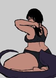 afrolatina artist_self-insert artist_upload back_scar back_view bedroom_eyes belly big_ass big_tail bikini black_bra black_hair black_nail_polish black_nails black_panties black_socks blank_background breasts chubby curly_hair curvy curvy_figure curvy_hips dark_skin digital_art digital_drawing_(artwork) digital_media_(artwork) feet_out_of_frame freckles freckles_on_arms gray_background half_naked human humanoid latina legs messy_hair messy_linework oc original_character plump plump_butt plump_lips plump_thighs rebecca_kira self_upload sleepy tail thick_thighs thighs tired_eyes tummy tying_hair underwear uva6969 viewed_from_behind