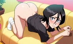 1girls ai_generated all_fours ass black_hair bleach bleach:_the_thousand-year_blood_war blush bottomless female_only hair_between_eyes kuchiki_rukia partially_clothed purple_eyes shiny_skin shirt short_hair shy solo sweat sweatdrop sweating sweaty tosca white_socks