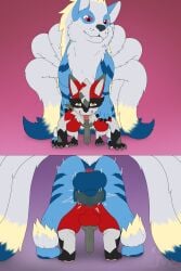 2:3 absurd_res anal anal_sex animal_genitalia animal_penis anthro anthro_on_feral arcanine big_dom_small_sub blue_body blue_fur dominant duo erection fan_character feral from_behind_position fur fusion generation_1_pokemon generation_4_pokemon generation_7_pokemon genitals grey_body grey_fur hi_res jm-luxro knot lucario lycanroc male male/male mounting ninetales nintendo penetration penis pokemon pokemon_(species) red_body red_eyes red_fur sex size_difference tongue tongue_out yellow_eyes zoophilia