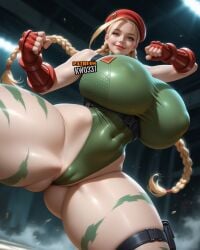 1girls ai_generated big_breasts blonde_hair cammy_white curvy female female_only green_eyes kw0337 solo solo_female street_fighter thick voluptuous