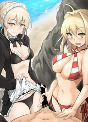 2girls artoria_pendragon artoria_pendragon_(swimsuit_rider_alter) beach bikini braid fate/grand_order fate_(series) french_braid green_eyes handjob highres hood hoodie maid_headdress momio multiple_girls nero_claudius_(swimsuit_caster) penis skirt skirt_lift striped striped_bikini swimsuit