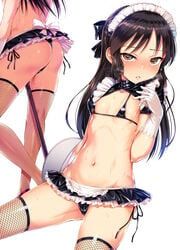 1girls ass between_legs bikini black_bikini blush brown_eyes brown_hair cameltoe female fishnet fishnet_legwear fishnets gloves idolmaster idolmaster_cinderella_girls long_hair looking_at_viewer maid maid_bikini maid_headdress midriff miniskirt navel satou_kuuki side-tie_bikini small_breasts solo solo_female solo_focus sweat swimsuit tachibana_arisu wet