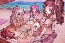 4girls ass beach beach_ball beach_towel beach_umbrella big_breasts bikini breasts brown_hair d4dj flower gold_eyes grey_eyes grey_hair hair_up hidaka_saori ice_cream looking_at_viewer matsuyama_dalia merm4id mizushima_marika ocean omiious orange_hair ponytail purple_eyes purple_hair seto_rika swimsuit swimwear towel turquoise_eyes umbrella water