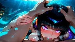 1female 1girls ai_generated bangs big_breasts black_hair blowjob breasts cleavage cock deepthroat dick exposed_breasts eyelashes eyeliner fantasy fellatio female female_focus female_only fin fins grabbing_head head_grab horny light-skinned_female light_skin long_hair looking_at_viewer mermaid mermaid_tail nerine_(stblfantasy) nipples oral oral_sex original patreon penis penis_in_mouth pov puffy_nipples purple_eyes purple_hair scales sensual sexually_suggestive sexy shinny_skin siren solo solo_female solo_focus stable_diffusion stblfantasy submarine suggestive suggestive_look underwater water wet wet_hair