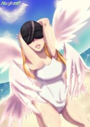 angel angewomon beach big_breasts bikini digimon digimon_(species) digimon_adventure female glossy glossy_lips madjoker monster_girl swimsuit thicc thick_lips thick_thighs wet_body wide_hips wings