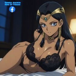 1girls ai_generated athenaasamiya bed black_hair blue_eyes bra breast collar dark-skinned_female dark_skin egyptian egyptian_female female hand_on_butt hips human isis_ishtar looking_at_viewer navel solo underwear yu-gi-oh! yu-gi-oh!_duel_monsters