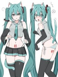 1girls 2d 2d_(artwork) ?! ass bikini blue_eyes blue_hair blue_tie cat_ears cat_tail hatsune_miku long_hair panties shocked skirt solo solo_female striped_panties tail thighhighs thighs twintails vocaloid waimoniku