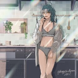 1girls best_girl blue_hair breasts calvin_klein chilling cigarette female female_focus female_only grey_bra grey_panties happy happytwistperm hoodie kitchen medium_breasts morning rion_akao sakamoto_days solo sports_bra yellow_eyes