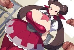 1girls ai_generated big_breasts brown_hair cleavage female gym_leader huge_breasts huge_cock imminent_gangbang imminent_sex large_breasts mullon multiple_boys novelai penis pokemon pokemon_oras pokemon_rse roxanne_(pokemon) school seductive seductive_look seductive_smile teacher top_heavy