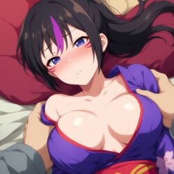 1boy 1girls ai_generated alluring before_sex big_breasts black_and_purple_hair cathouse_(artist) cleavage kazama_jin kimono kitsune_marks kunimitsu_ii kunoichi namco tekken