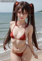 ai_generated beach bikini cute genshin_impact hu_tao_(genshin_impact) long_hair malshac thick thick_thighs tiny_breasts twintails