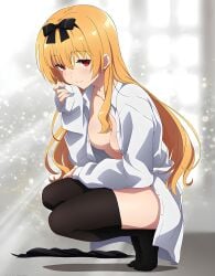 alternate_breast_size arifureta_shokugyou_de_sekai_saikyou black_thighhighs blonde_hair blush breasts cleavage closed_mouth collarbone earrings feet hair_ribbon long_hair long_sleeves medium_breasts naked_shirt no_bra official_art open_shirt red_eyes shirt_only smile squatting thighhighs thighs toes unbuttoned_shirt white_shirt yue_(arifureta)