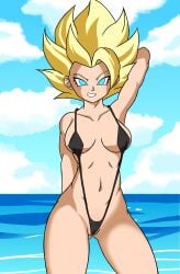 beach bikini blonde_hair blue_eyes caulifla dragon_ball dragon_ball_super saiyan saiyan_girl sea