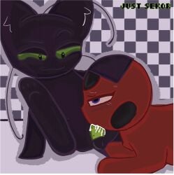 abstract_background animal_genitalia animal_tail artist_name blue_eyes cat_ears cat_tail domestic_cat green_eyes green_penis kwami meme miraculous_ladybug oral_penetration plagg_(miraculous_ladybug) sekor(artist) sucking_penis tikki_(miraculous_ladybug)