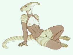 3_toes anthro breasts clothing corset digitigrade dinosaur female hooves legwear lingerie looking_at_viewer nipples oouna parasaurolophus pussy solo stockings striped_skin stripes toes