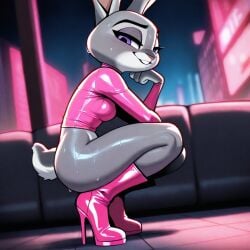 1girls ai_generated anthro blush bottomless eyelashes grey_fur grey_skin high_heel_boots high_heels judy_hopps latex latex_clothing looking_at_viewer partially_clothed pink_nose purple_eyes rabbit shiny_clothes shiny_skin side_view smile solo squatting sweat sweatdrop sweating sweaty tail tosca zootopia