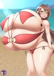 1girls 4_breasts ass beach bikini bikini_bottom bikini_top blush breasts breasts_bigger_than_head breasts_bigger_than_torso brown_hair cleavage enormous_breasts female female_focus gigantic_breasts huge_breasts hyper hyper_breasts infection_x_girl kansen_x_shoujo long_hair massive_breasts multi_breast nipple_bulge o-ring o-ring_bikini ocean red_bikini sand senzaki_yukiko side-tie_bikini thick_thighs thighs timaeus yellow_eyes yellow_highlights