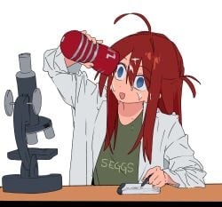 ahoge blue_eyes cum cum_on_body facial female green_shirt hipa_(some1else45) holding holding_pen holding_sex_toy lab_coat long_hair microscope notebook open_mouth original pen red_hair sex_toy shirt simple_background solo some1else45 sperm tenga white_background