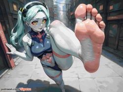 ai_generated barefoot cyberpunk cyberpunk:_edgerunners feet foot_fetish foot_focus gigatsu green_hair grey_body one_leg_up outdoors pov pov_eye_contact rebecca_(edgerunners) seductive seductive_pose sole_female soles toes