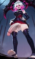 ai_generated brat bratty briar_(league_of_legends) feet hand_on_hip large_balls league_of_legends massive_penis pale_skin pink_hair ratatatat74_(ai_style) red_eyes sharp_teeth short_female short_hair small_breasts small_but_hung smirk stirrup_legwear thick_thighs thighhighs tongue_out veiny_penis white_body white_hair