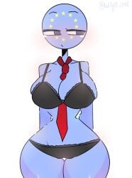 alternate_version_available black_bra black_panties blue_body blush countryhumans countryhumans_girl european_union european_union_(countryhumans) hourglass_figure huge_breasts kak0yt0_chel large_breasts looking_away red_tie thick_thighs tie wide_hips