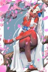 akumi bare_shoulders blush branch breasts cherry_blossoms cleavage crossed_legs dark_skin falling_petals female flower frills gloves hair_between_eyes hair_flower horns in_tree large_breasts long_hair looking_at_viewer oni oni_horns petals pointy_ears red_skin rose_petals sitting smile solo spring_(season) tree very_long_hair vyugen white_hair yellow_eyes