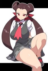 1girls ai_generated big_breasts brown_hair female gym_leader large_breasts mullon novelai pokemon pokemon_oras pokemon_rse roxanne_(pokemon) school seductive seductive_look seductive_smile teacher